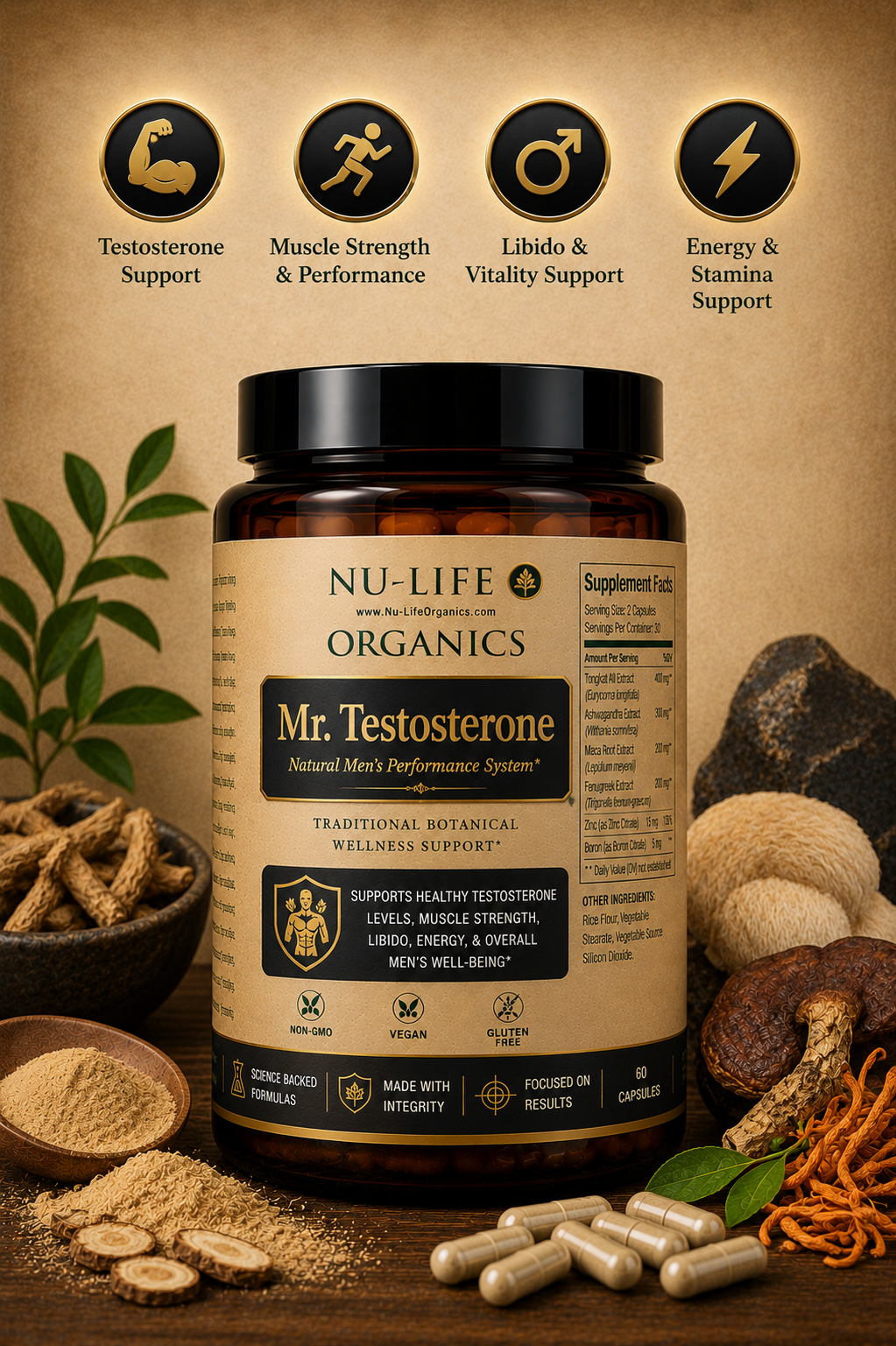 The "Mr. Testosterone Formula"  Creatine, Tribulus Terrestris, Lion's Mane, Tongkat Ali, Cordyceps & Fenugreek(Count 60)